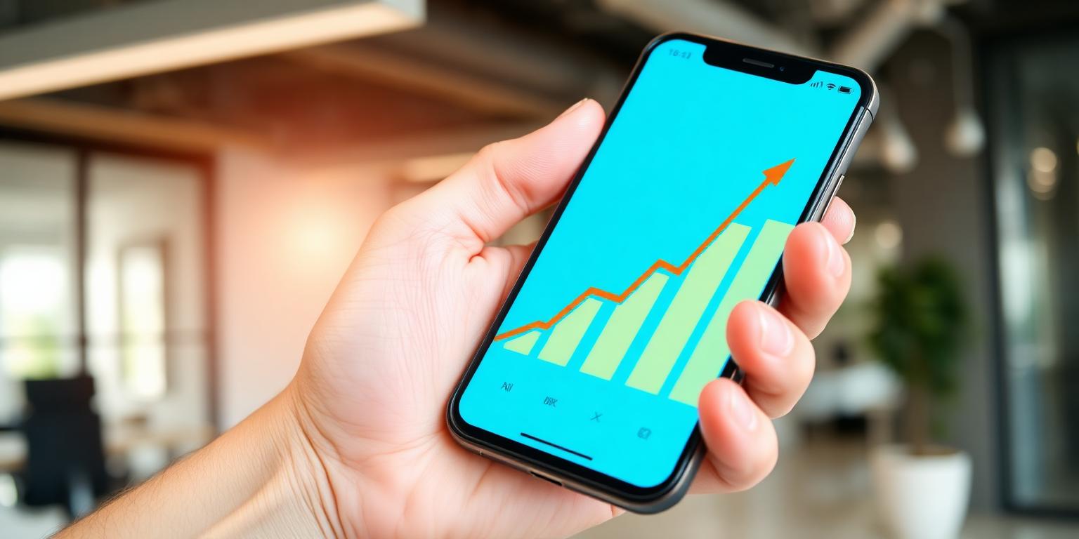 Hand holding a smartphone showing a rising bookings growth chart