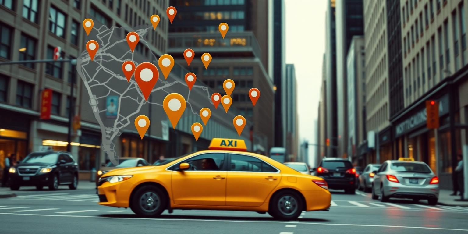 Yellow taxi driving through a downtown street with map location pins overlaid