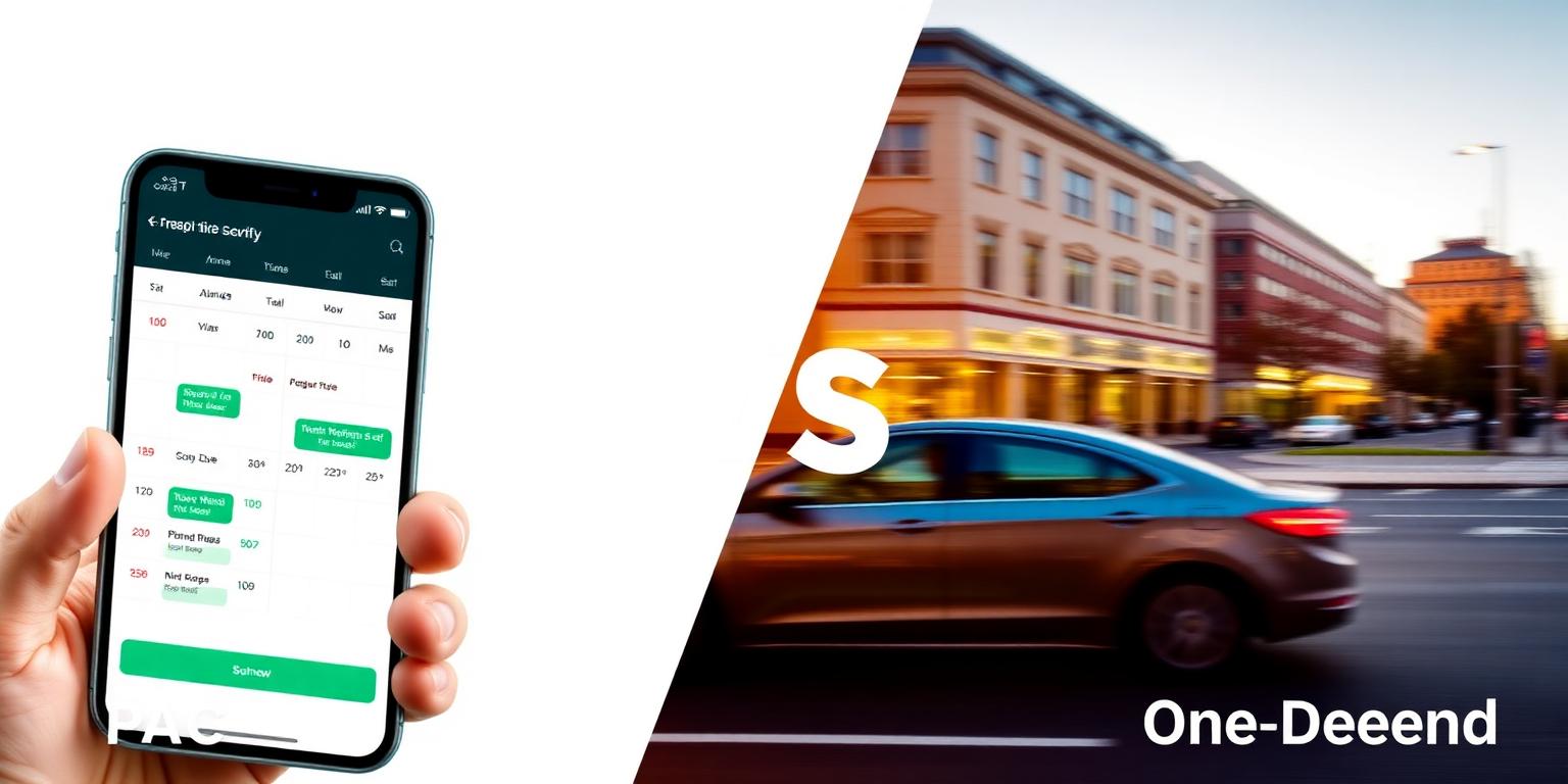 Smartphone showing a booking calendar next to a moving car on a city street