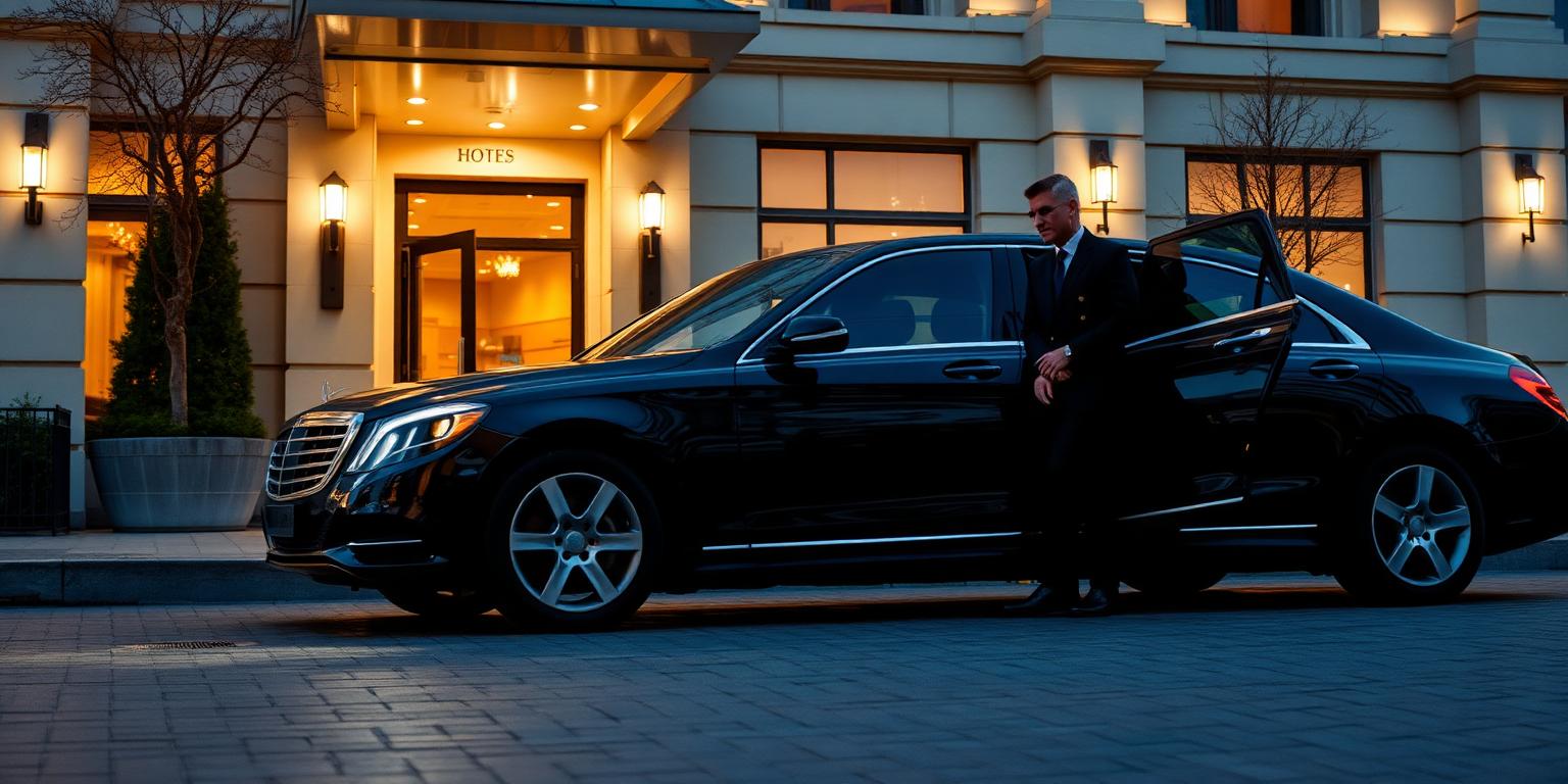 Chauffeur holding the door of a black luxury sedan at a hotel entrance