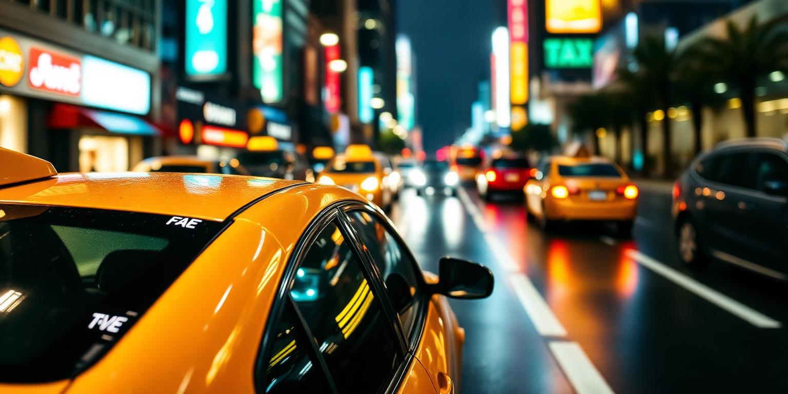 Yellow taxi on a neon-lit city street at night